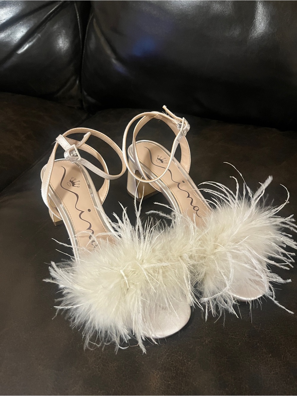 Nina Feather-Trim Ankle-Strap Heels in Cream